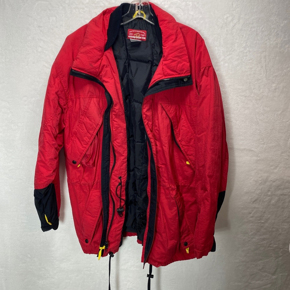 Marlboro Country Store Puffer Jacket Red Duck‎ Down Hood L